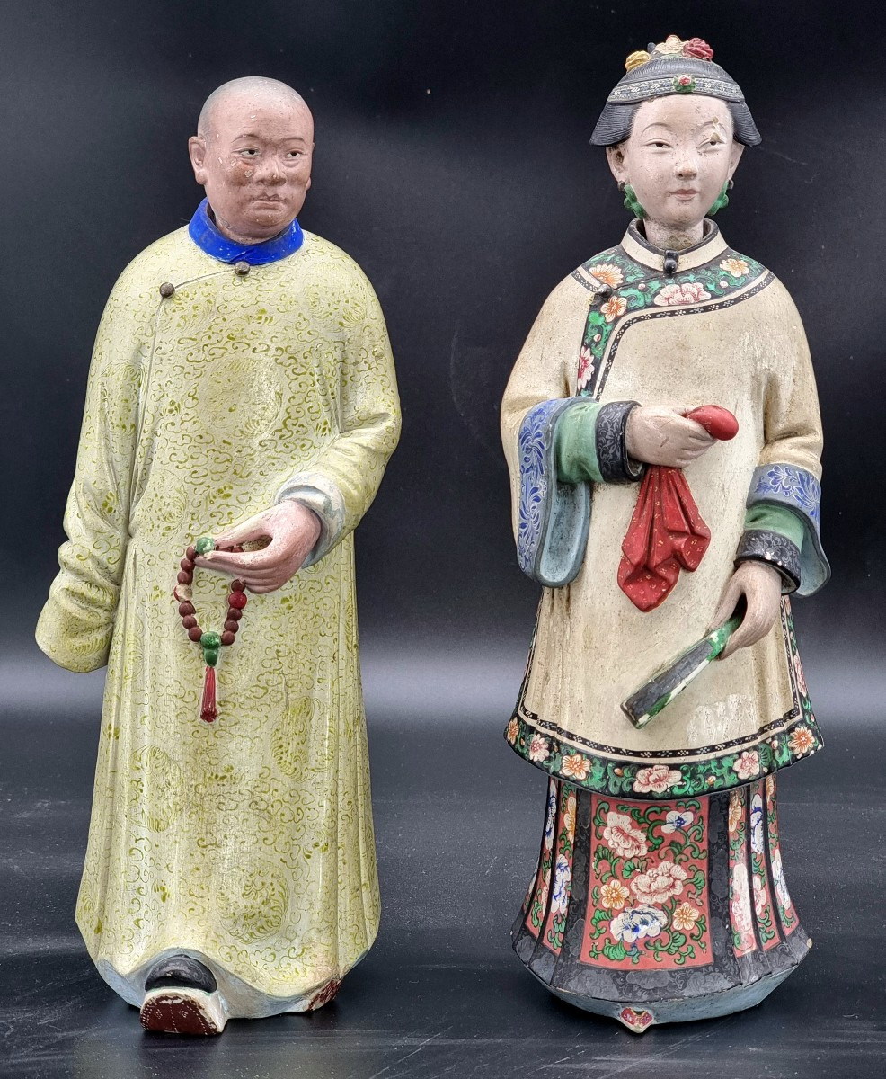 Coppia di statuette cinesi in terracotta dipinta – Cina meridionale, fine XIX secolo