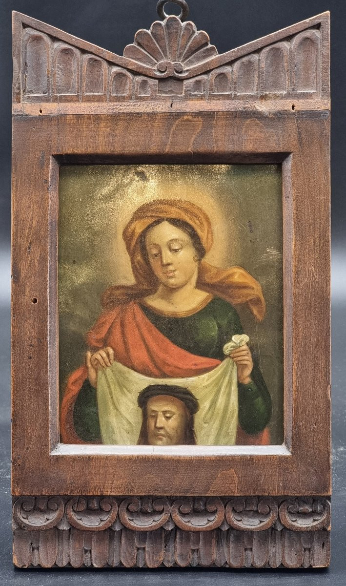 Piccolo dipinto spagnolo su zinco – Santa Veronica con il velo del Cristo-photo-2
