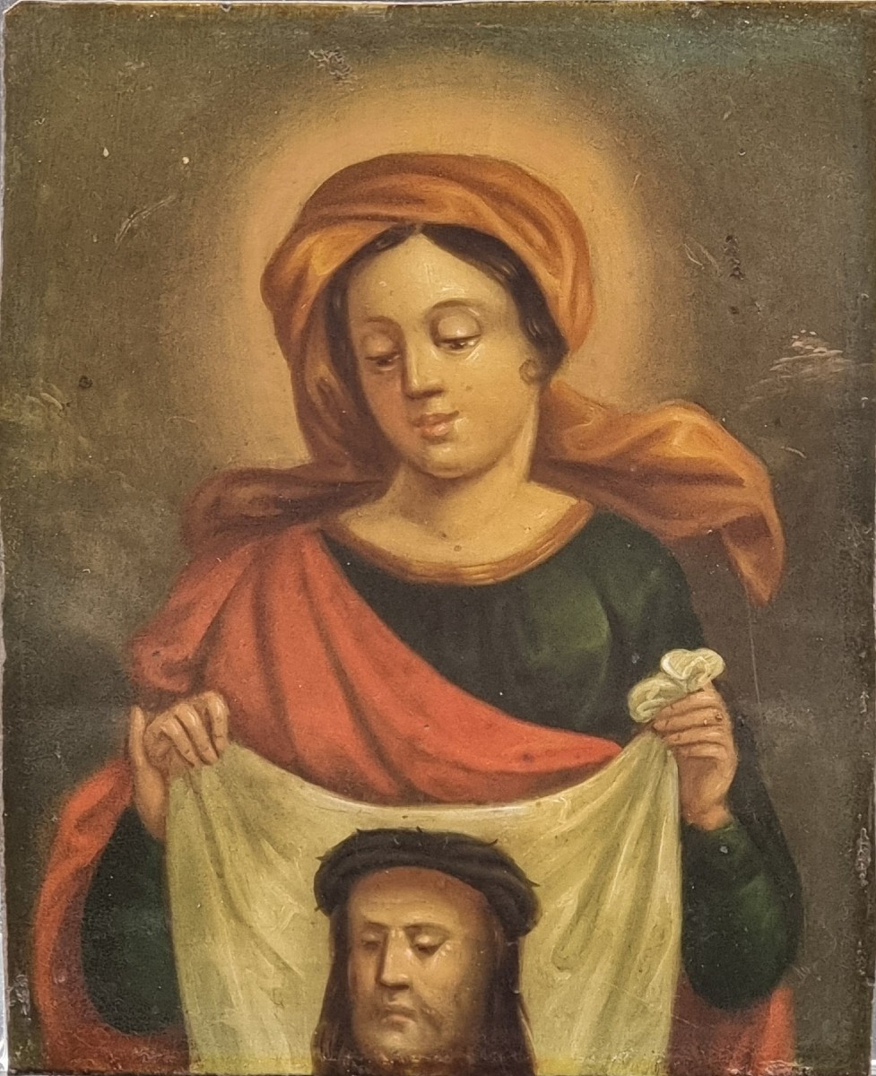 Piccolo dipinto spagnolo su zinco – Santa Veronica con il velo del Cristo