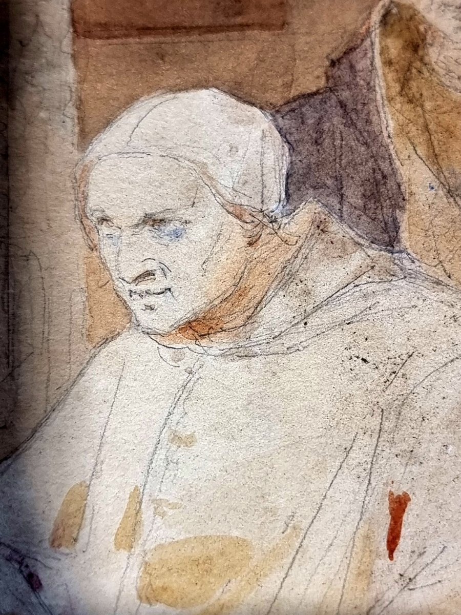 Acquerello su carta, firmato Giovanni Servi – Scena d’interni con Papa in atto di investitura  -photo-2