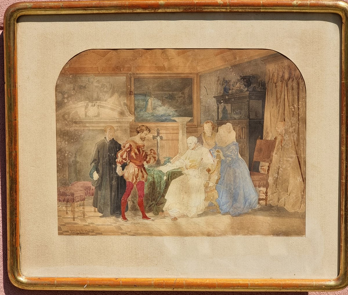 Acquerello su carta, firmato Giovanni Servi – Scena d’interni con Papa in atto di investitura  -photo-3