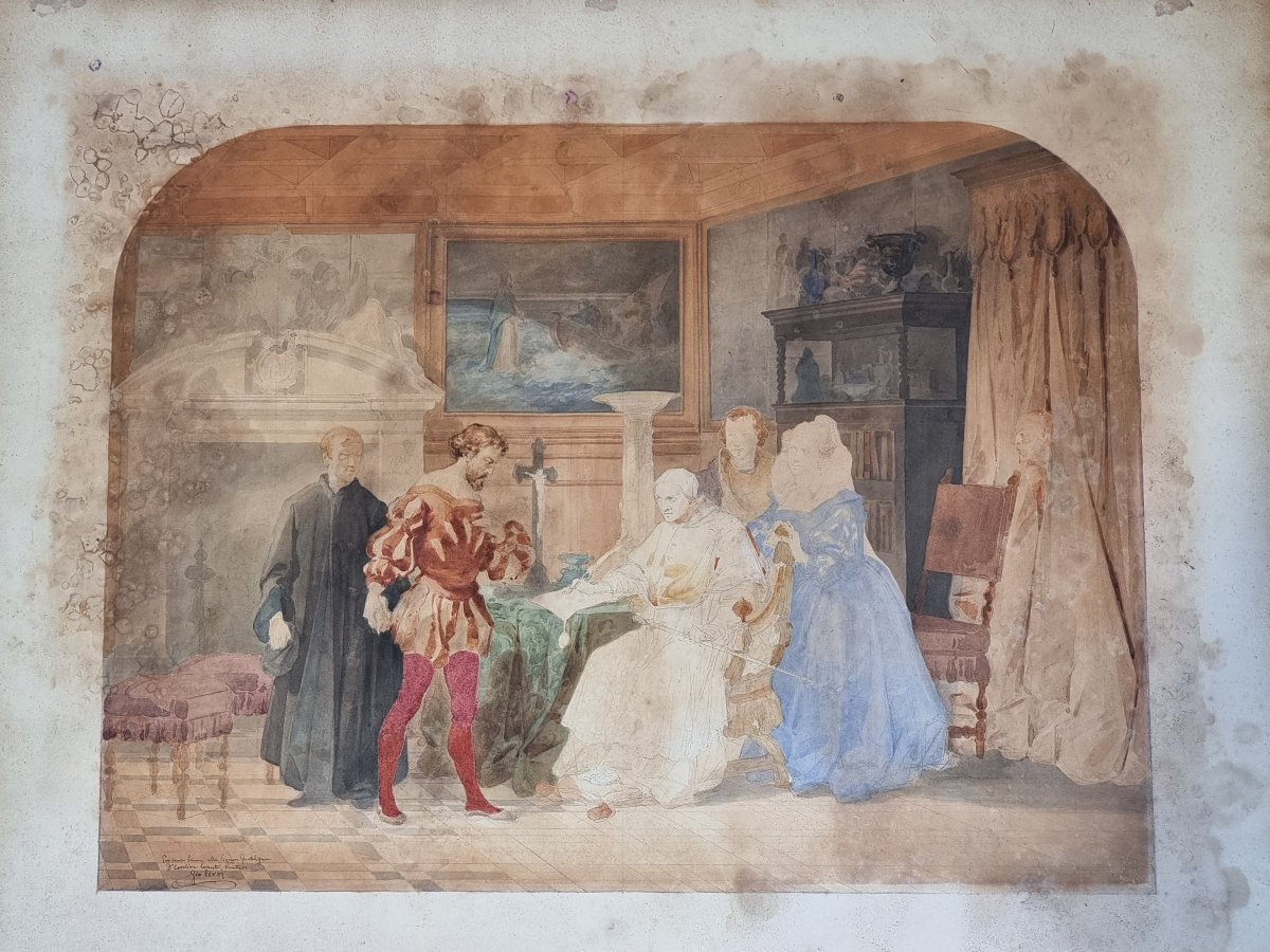 Acquerello su carta, firmato Giovanni Servi – Scena d’interni con Papa in atto di investitura  -photo-4