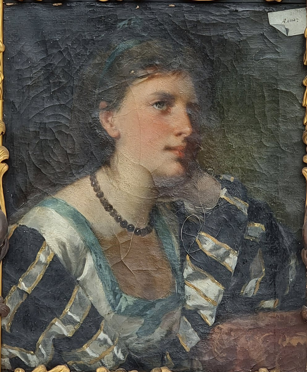 Antonio Zona – Ritratto di giovane donna con cornice scolpita in cirmolo dorato, fine XIX secol-photo-3