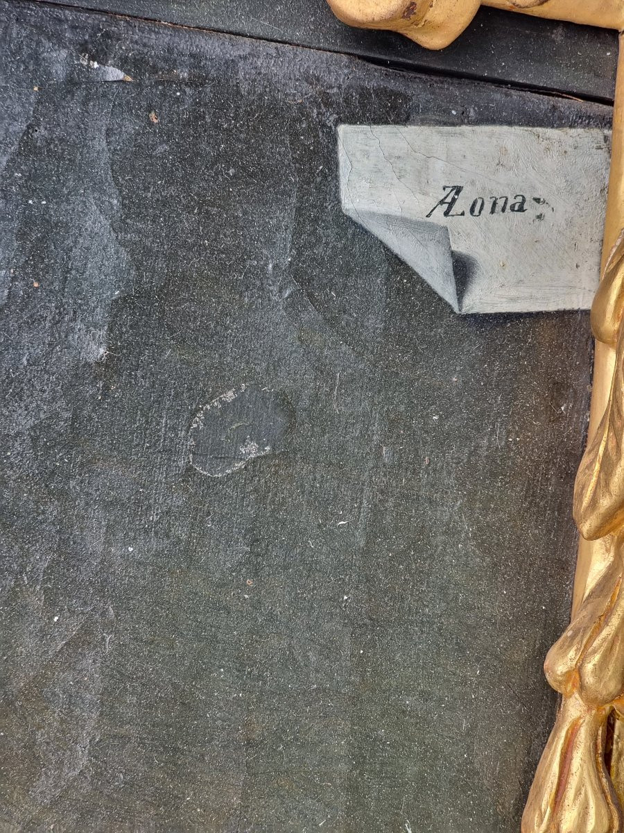 Antonio Zona – Ritratto di giovane donna con cornice scolpita in cirmolo dorato, fine XIX secol-photo-1