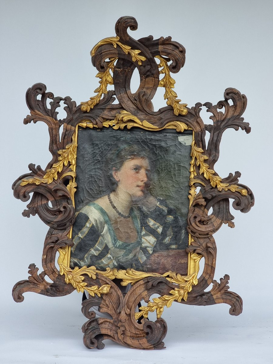 Antonio Zona – Ritratto di giovane donna con cornice scolpita in cirmolo dorato, fine XIX secol-photo-8