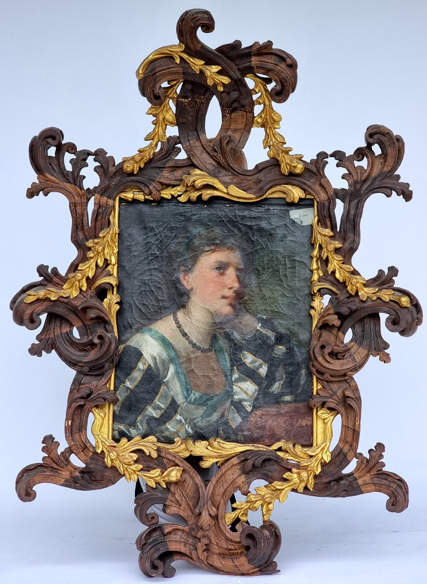 Antonio Zona – Ritratto di giovane donna con cornice scolpita in cirmolo dorato, fine XIX secol