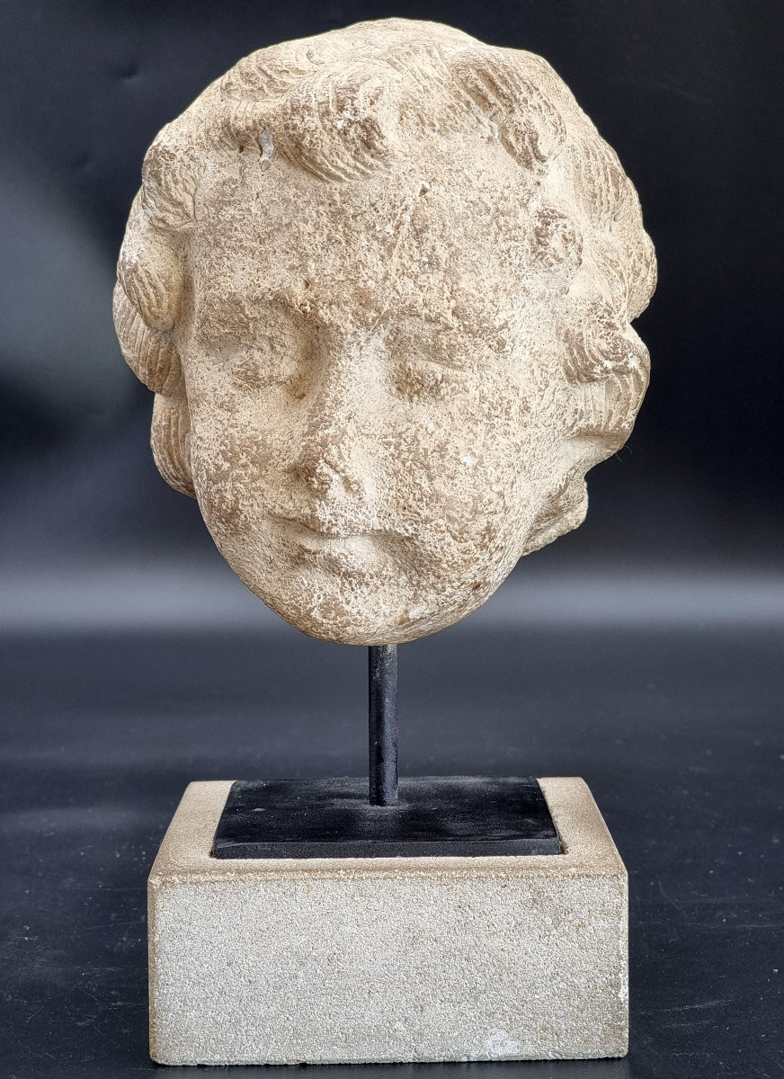 Testa di putto in pietra calcarea, su base moderna-photo-2