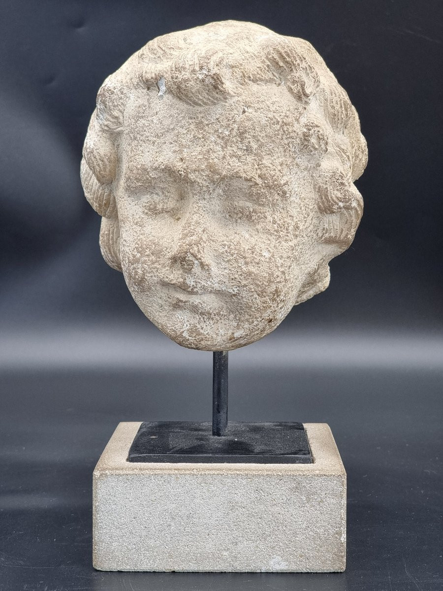 Testa di putto in pietra calcarea, su base moderna-photo-3