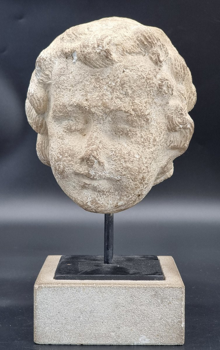 Testa di putto in pietra calcarea, su base moderna-photo-4