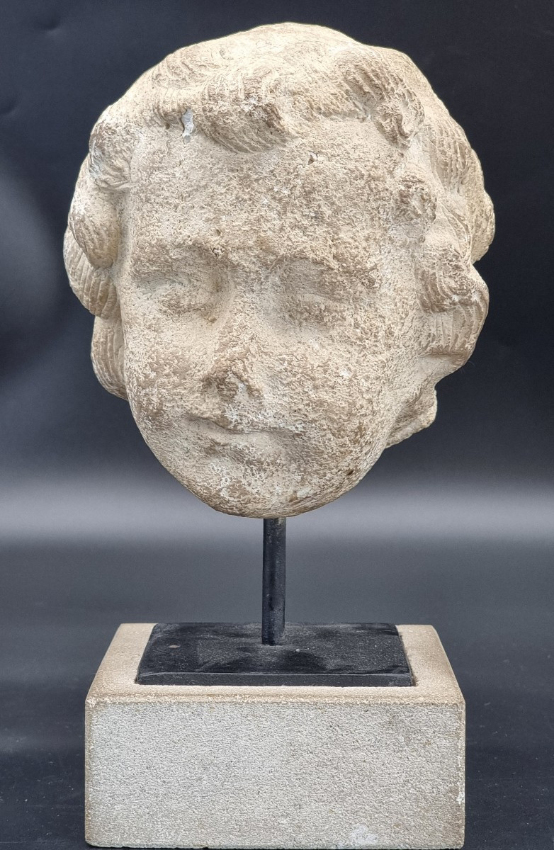 Testa di putto in pietra calcarea, su base moderna