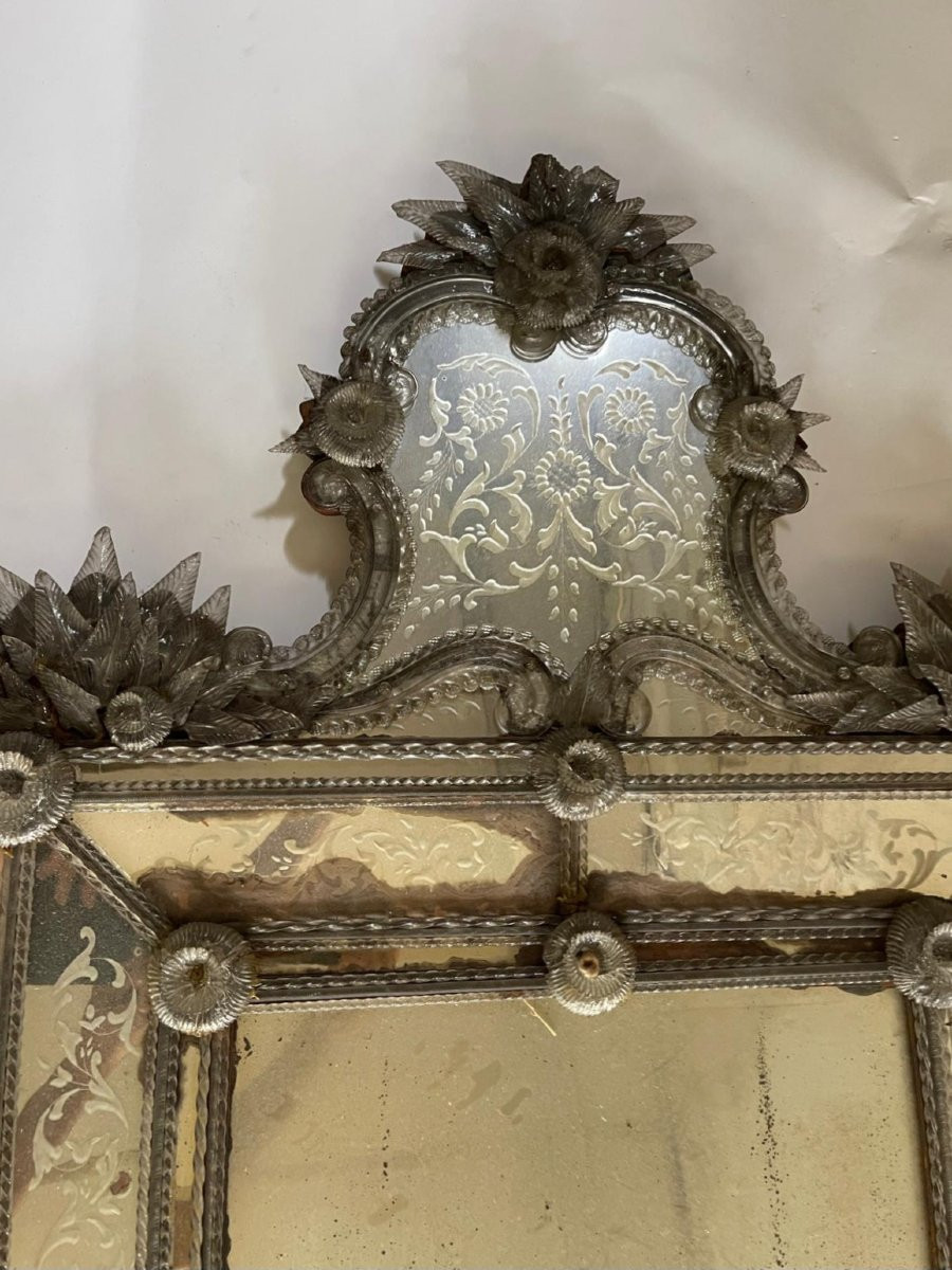 Specchiera veneziana in vetro inciso con fiori applicati, fine XIX – inizi XX secolo-photo-5