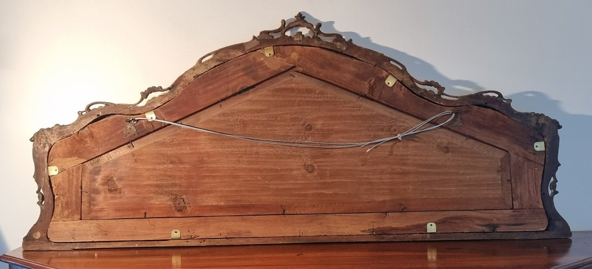 Specchiera veneziana da caminiera, XVIII secolo, intagliata e dorata a foglia d’oro-photo-3