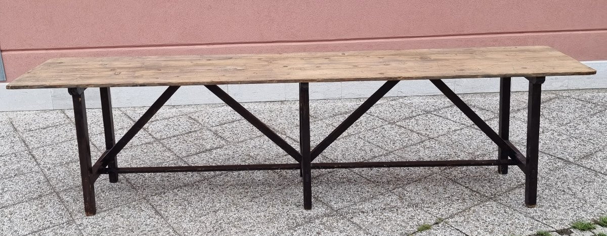 Tavolo rustico in abete, anni 70, 295 × 57 cm-photo-1