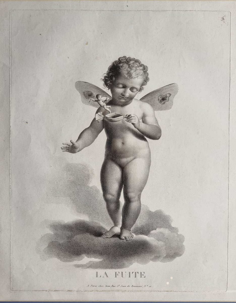 Serie di quattro stampe francesi, “Amorini alati” Incisore Castel, editore Jean-photo-2