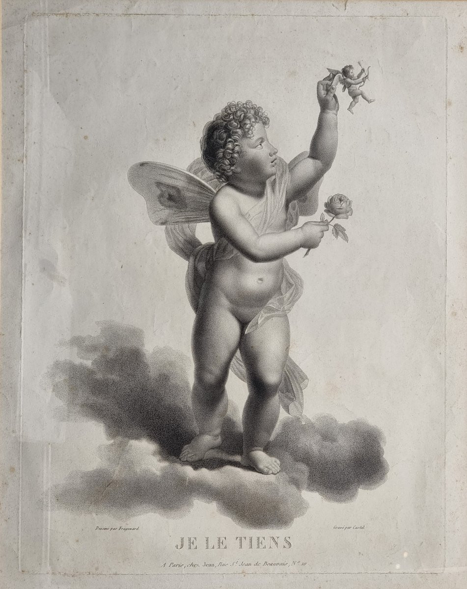 Serie di quattro stampe francesi, “Amorini alati” Incisore Castel, editore Jean-photo-3