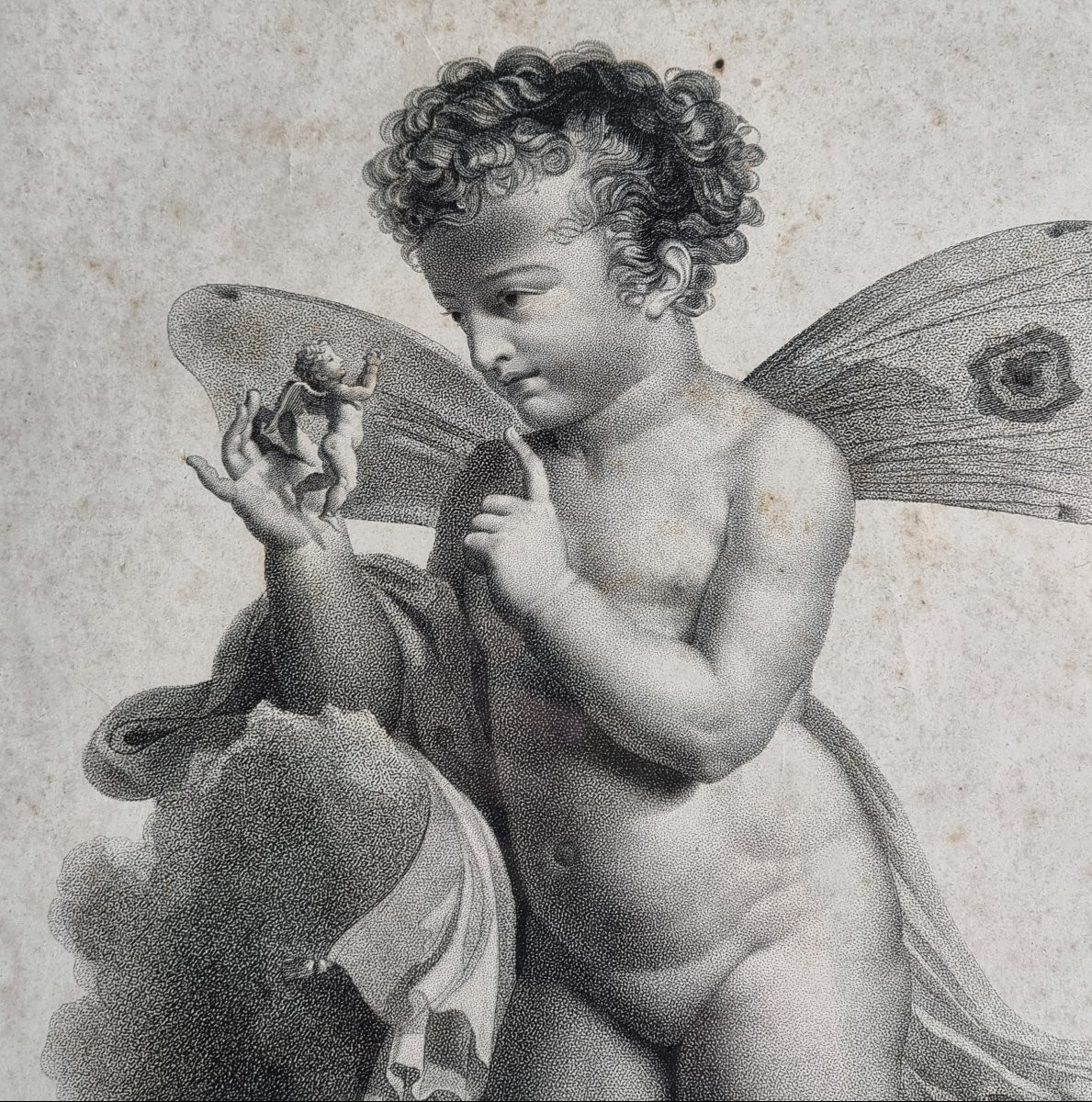 Serie di quattro stampe francesi, “Amorini alati” Incisore Castel, editore Jean-photo-4