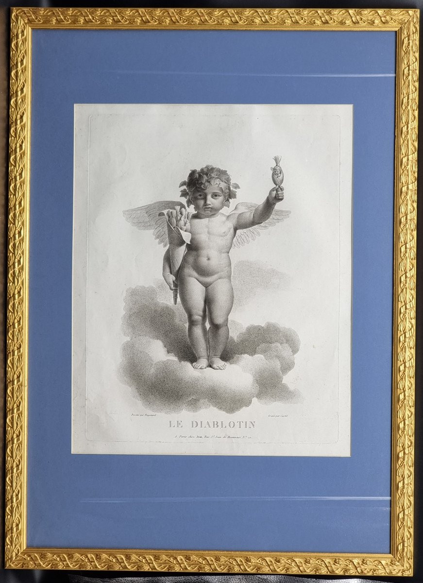 Serie di quattro stampe francesi, “Amorini alati” Incisore Castel, editore Jean-photo-1