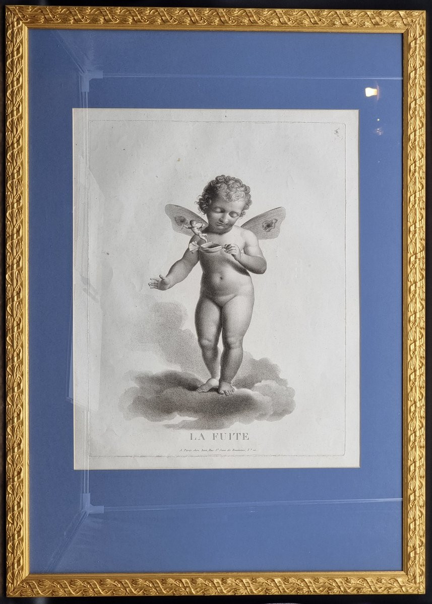 Serie di quattro stampe francesi, “Amorini alati” Incisore Castel, editore Jean-photo-2