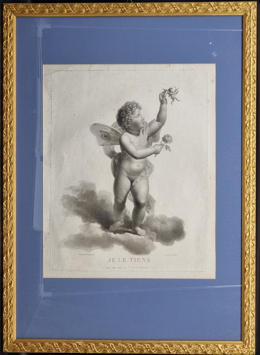 Serie di quattro stampe francesi, “Amorini alati” Incisore Castel, editore Jean-photo-3