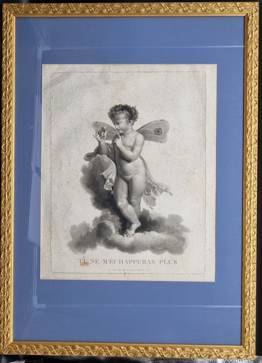 Serie di quattro stampe francesi, “Amorini alati” Incisore Castel, editore Jean-photo-4