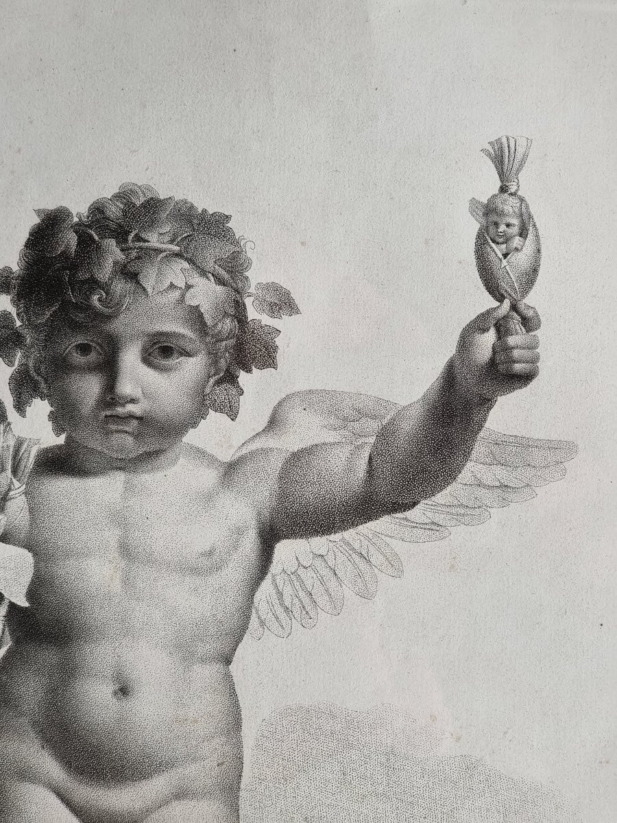 Serie di quattro stampe francesi, “Amorini alati” Incisore Castel, editore Jean-photo-6