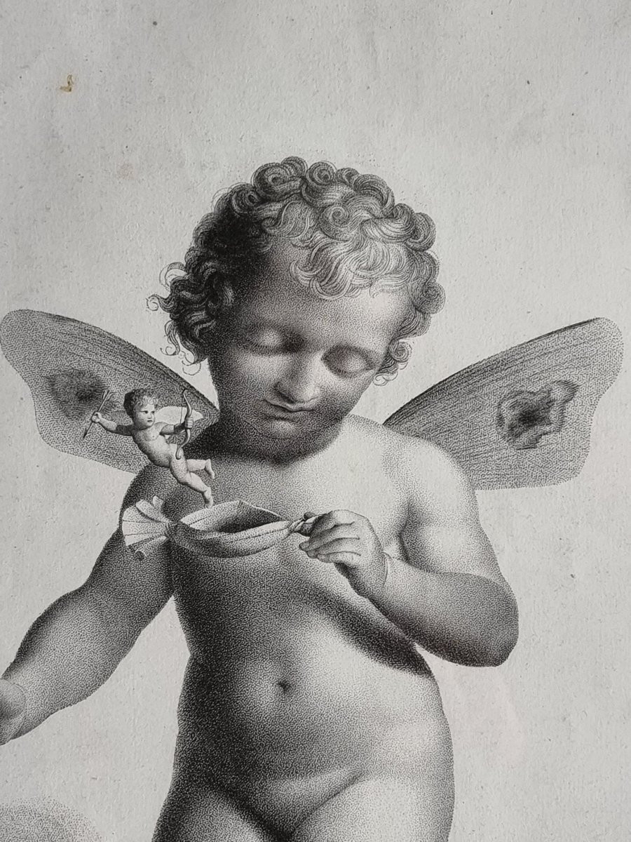 Serie di quattro stampe francesi, “Amorini alati” Incisore Castel, editore Jean-photo-7