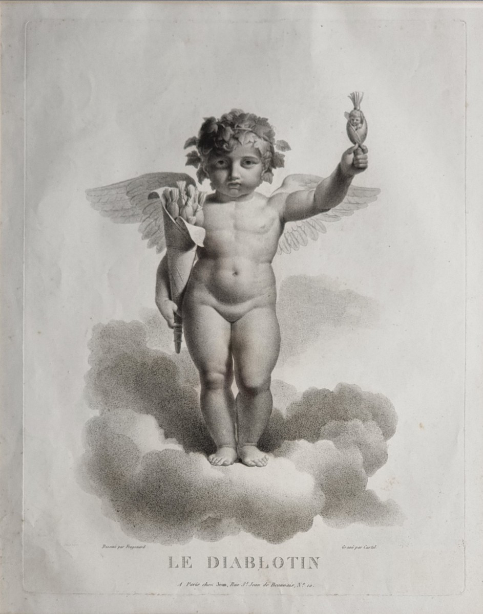 Serie di quattro stampe francesi, “Amorini alati” Incisore Castel, editore Jean