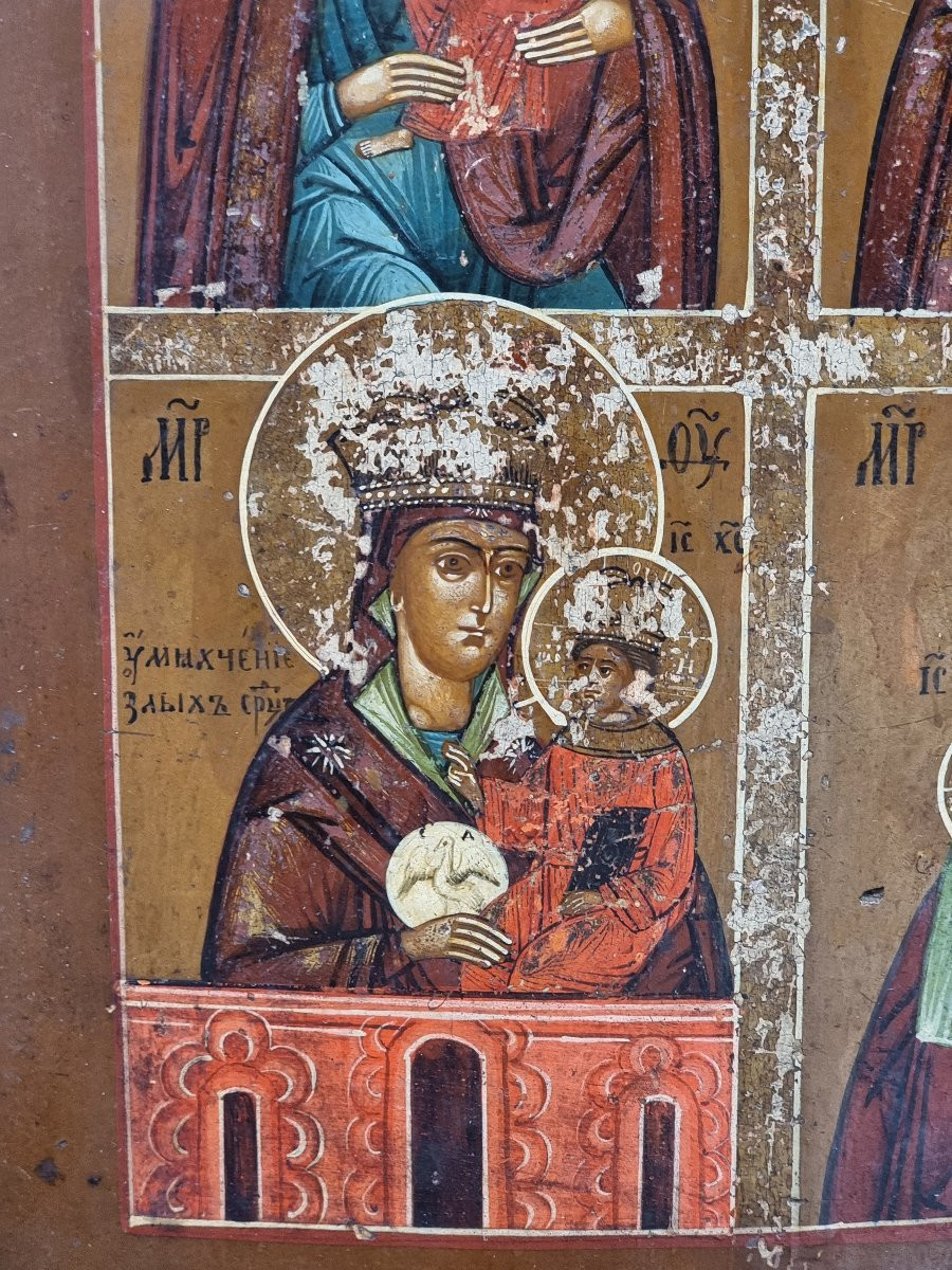 Icona russa fine XIX secolo – “Quattro Madonne” su tavola con fondo argento e mecca-photo-3