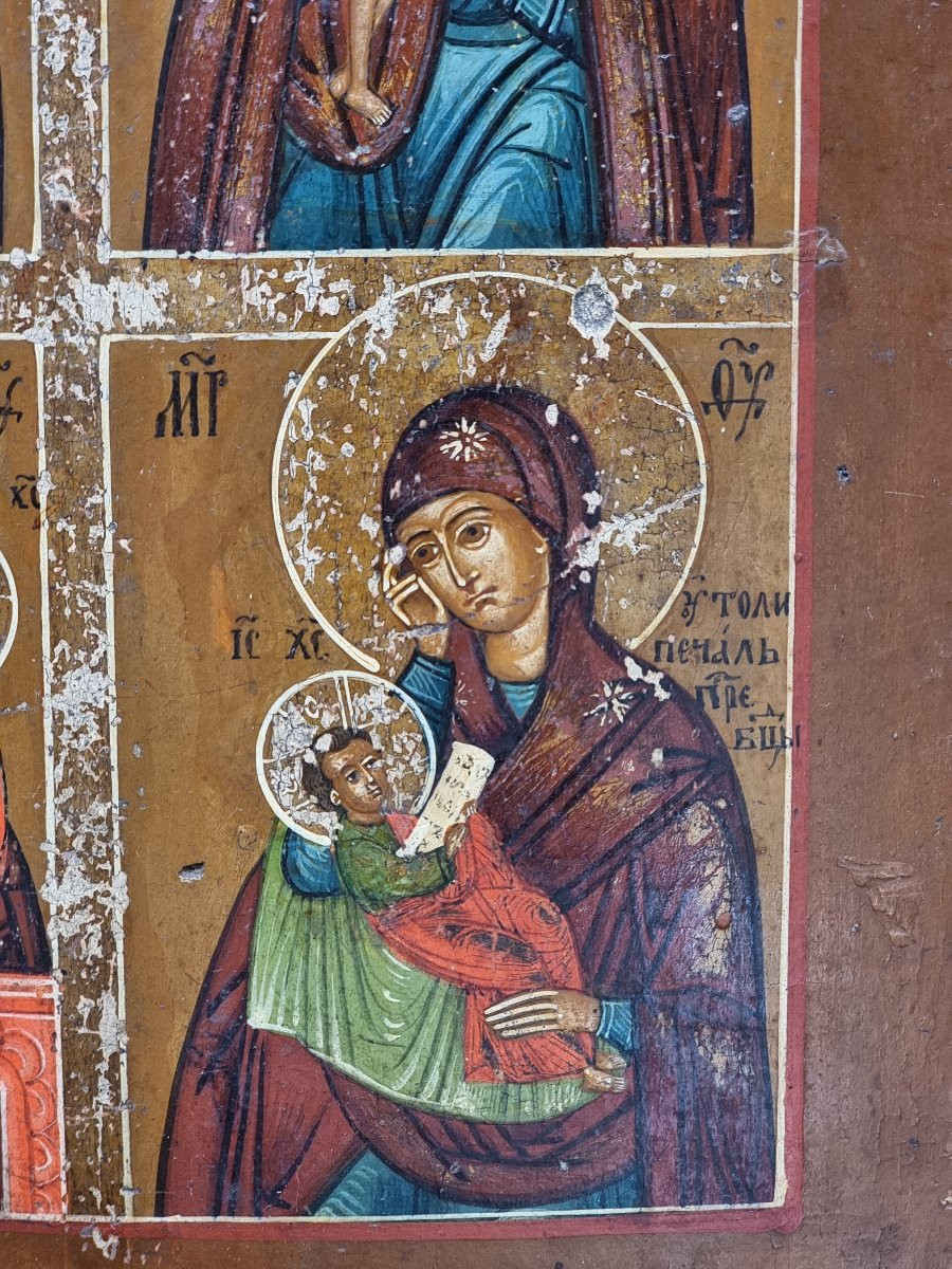Icona russa fine XIX secolo – “Quattro Madonne” su tavola con fondo argento e mecca-photo-3