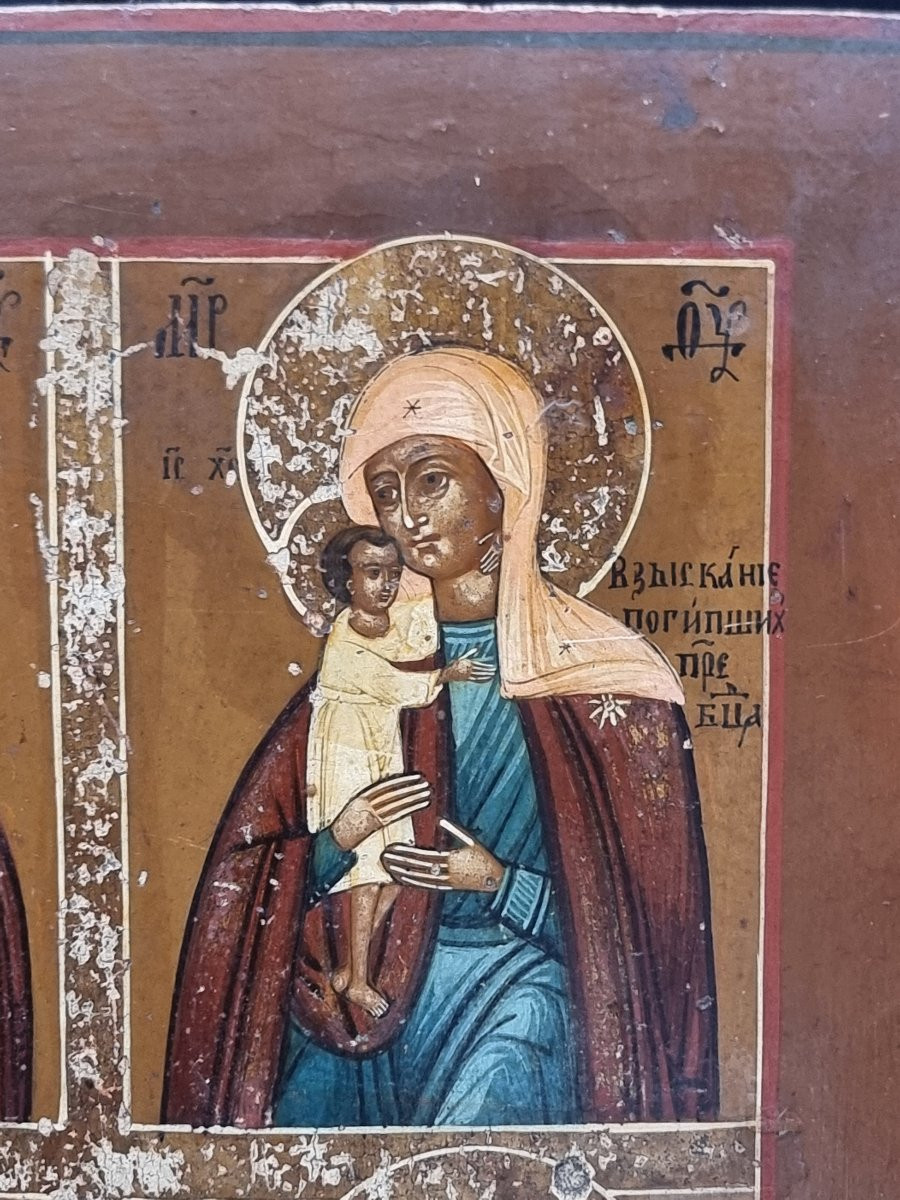 Icona russa fine XIX secolo – “Quattro Madonne” su tavola con fondo argento e mecca-photo-4