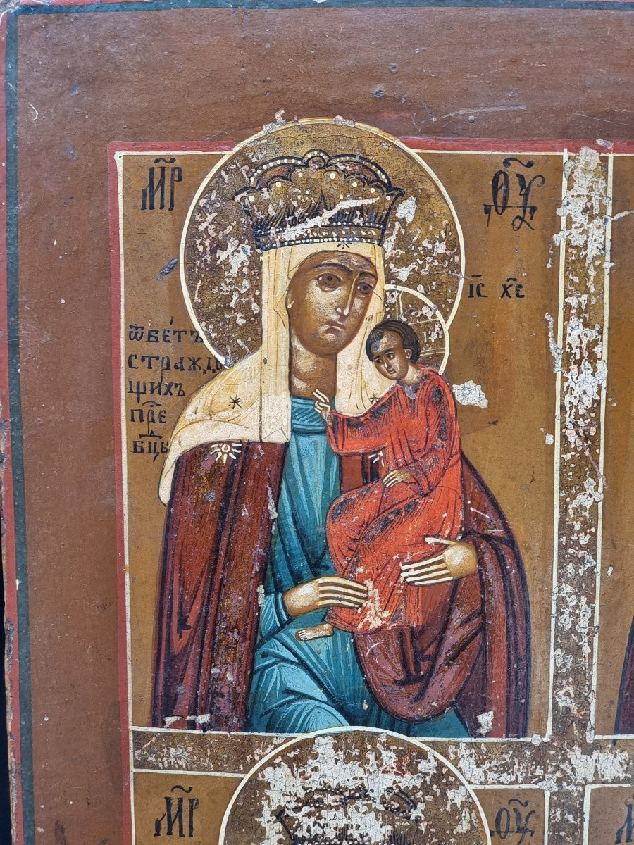 Icona russa fine XIX secolo – “Quattro Madonne” su tavola con fondo argento e mecca-photo-5