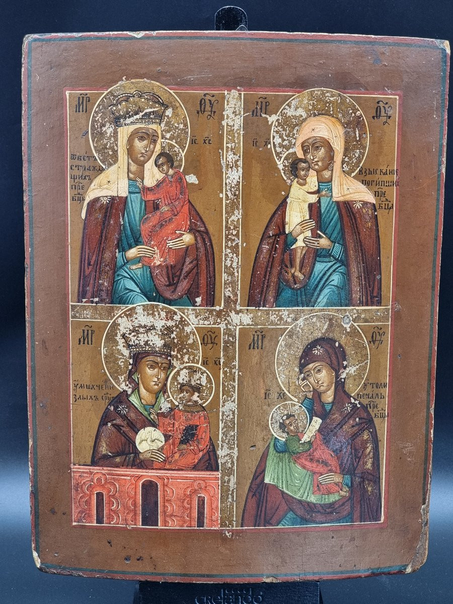 Icona russa fine XIX secolo – “Quattro Madonne” su tavola con fondo argento e mecca-photo-6