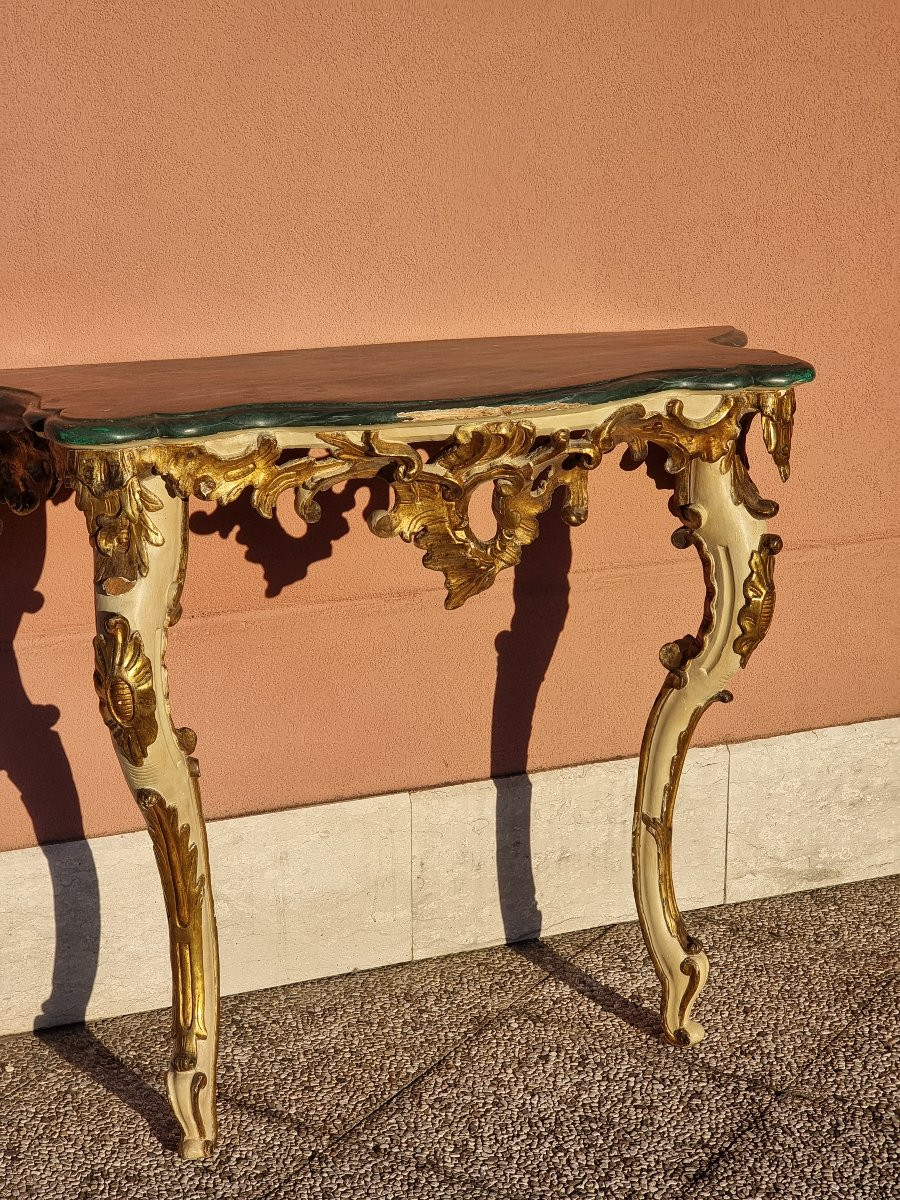 Console napoletana Luigi XV in legno intagliato, argentato a mecca e laccato, metà Settecento-photo-8