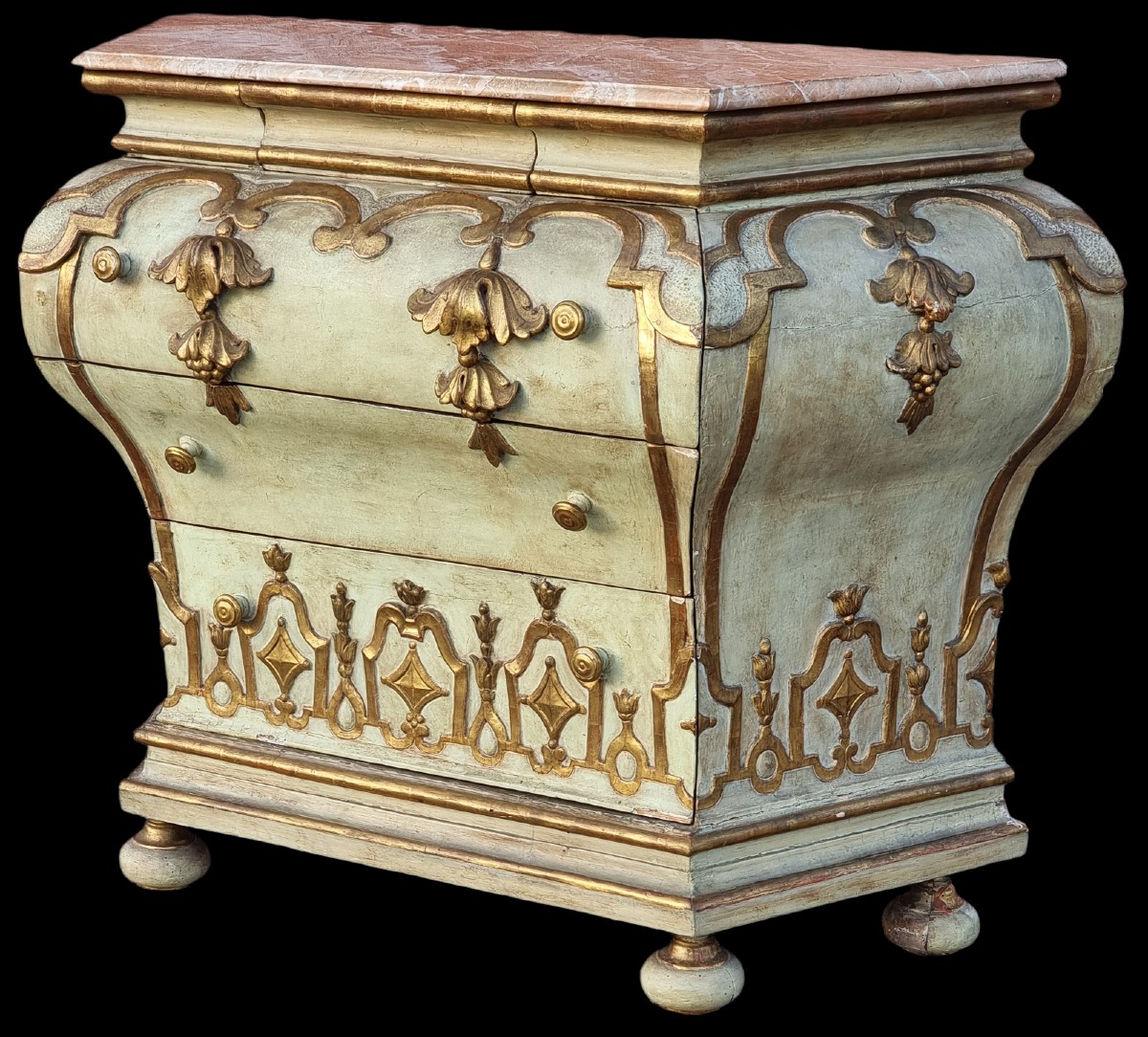 Commode bombée laccata e dorata, area veneta, XVIII secolo