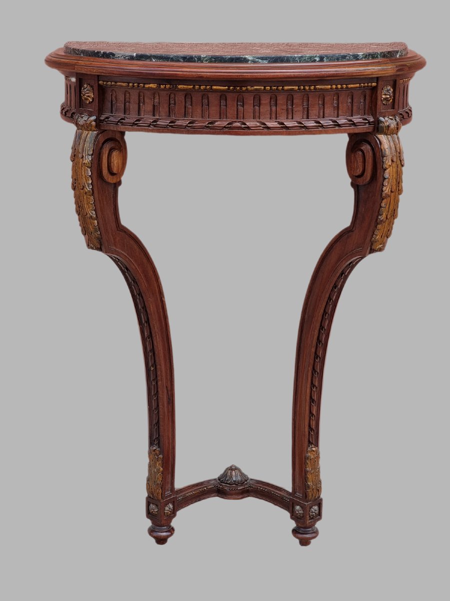 Console mezzaluna in stile Luigi XVI in noce scolpito con piano in marmo verde-photo-2