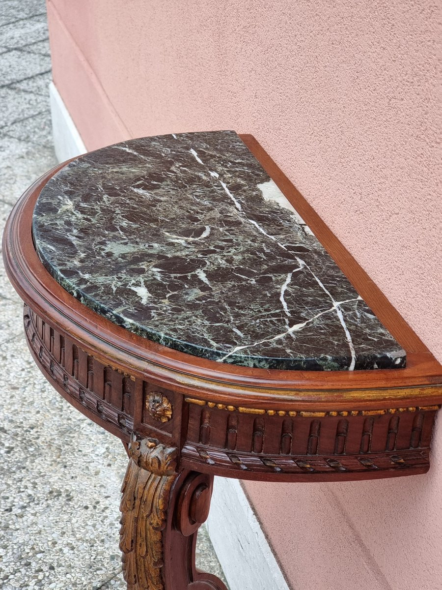 Console mezzaluna in stile Luigi XVI in noce scolpito con piano in marmo verde-photo-3