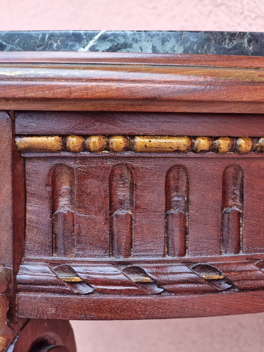 Console mezzaluna in stile Luigi XVI in noce scolpito con piano in marmo verde-photo-4