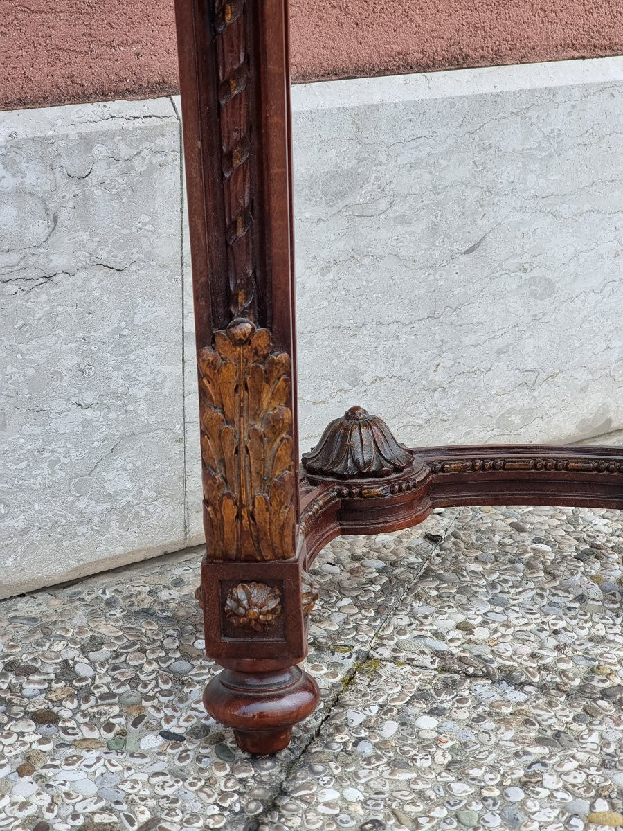 Console mezzaluna in stile Luigi XVI in noce scolpito con piano in marmo verde-photo-1