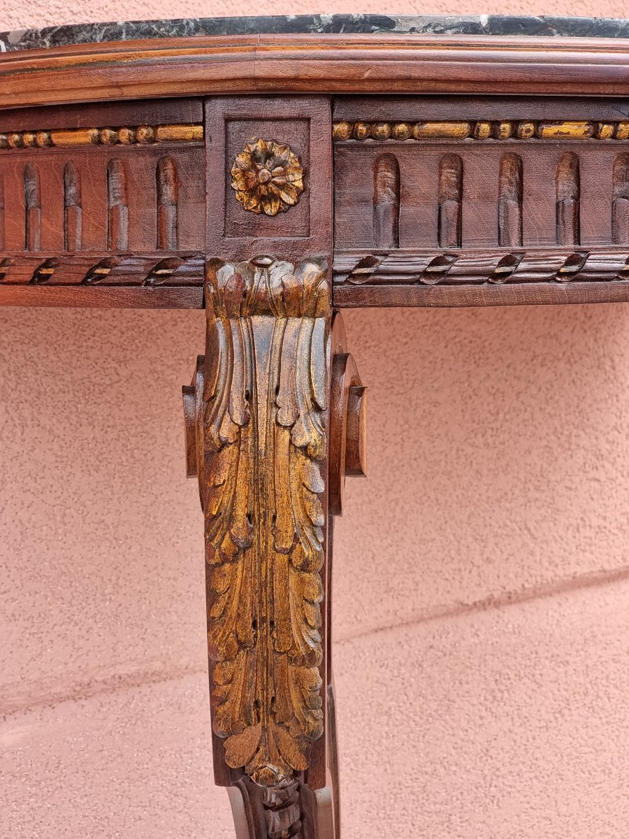 Console mezzaluna in stile Luigi XVI in noce scolpito con piano in marmo verde-photo-2