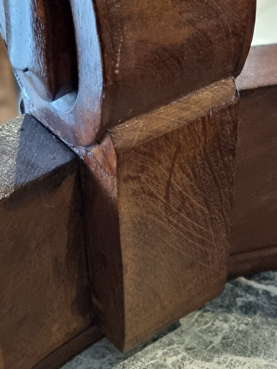 Console mezzaluna in stile Luigi XVI in noce scolpito con piano in marmo verde-photo-6