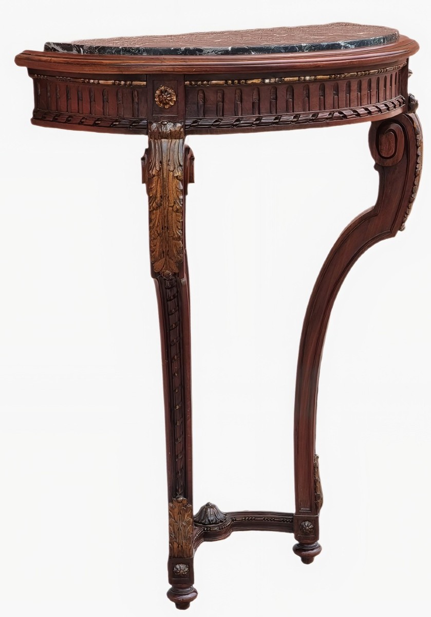 Console mezzaluna in stile Luigi XVI in noce scolpito con piano in marmo verde