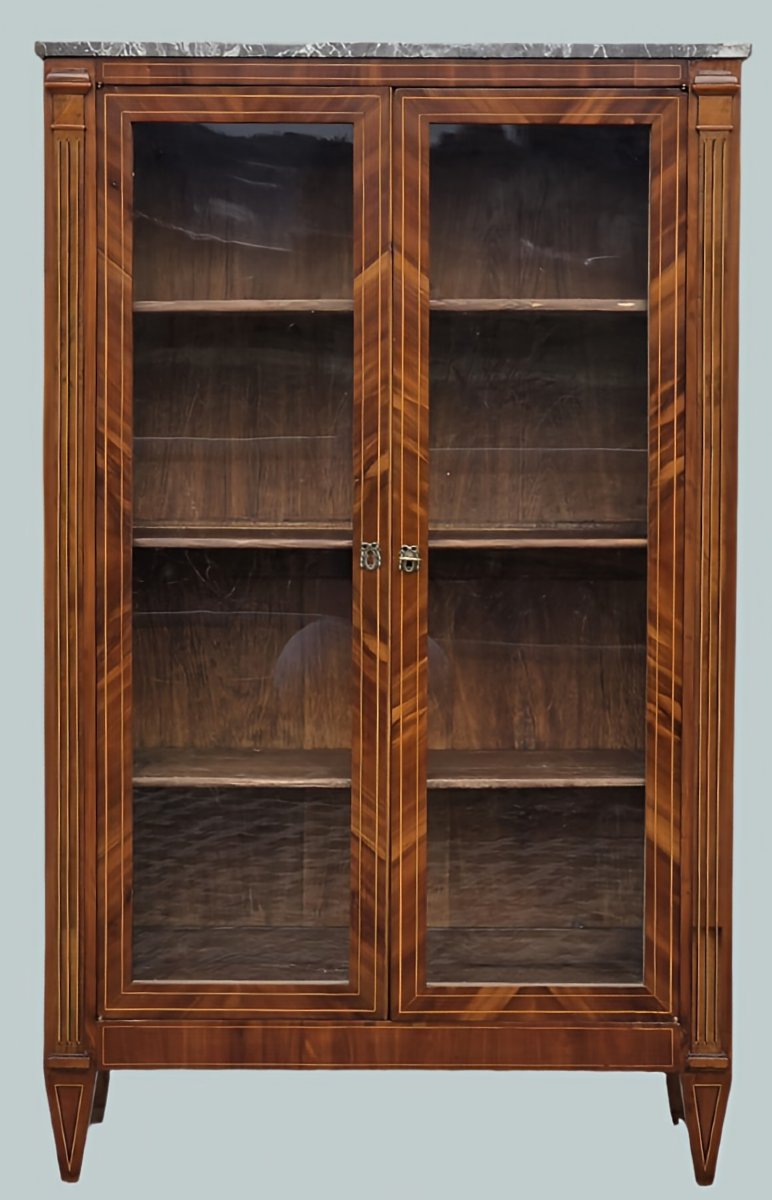 Vetrina francese in stile Luigi XVI, periodo Napoleone III, noce filettato, piano in marmo-photo-2