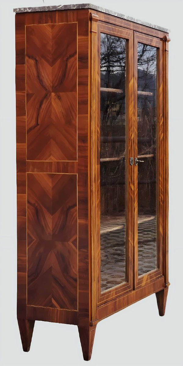 Vetrina francese in stile Luigi XVI, periodo Napoleone III, noce filettato, piano in marmo-photo-8