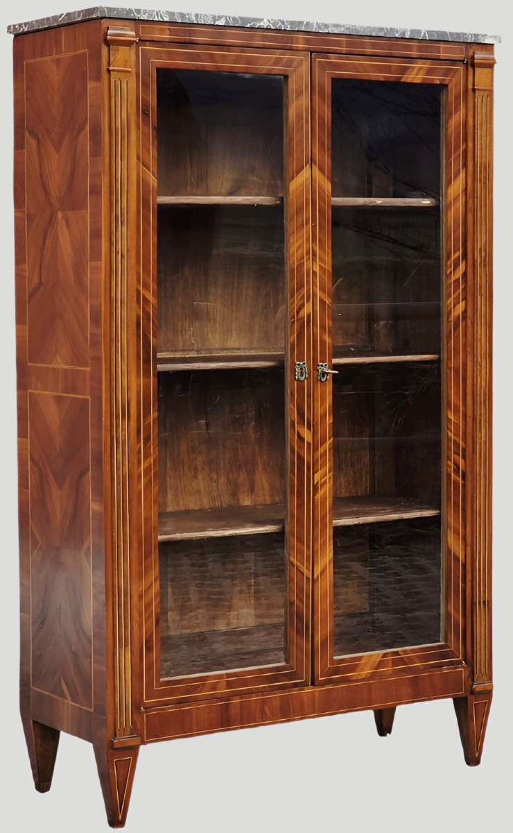 Vetrina francese in stile Luigi XVI, periodo Napoleone III, noce filettato, piano in marmo