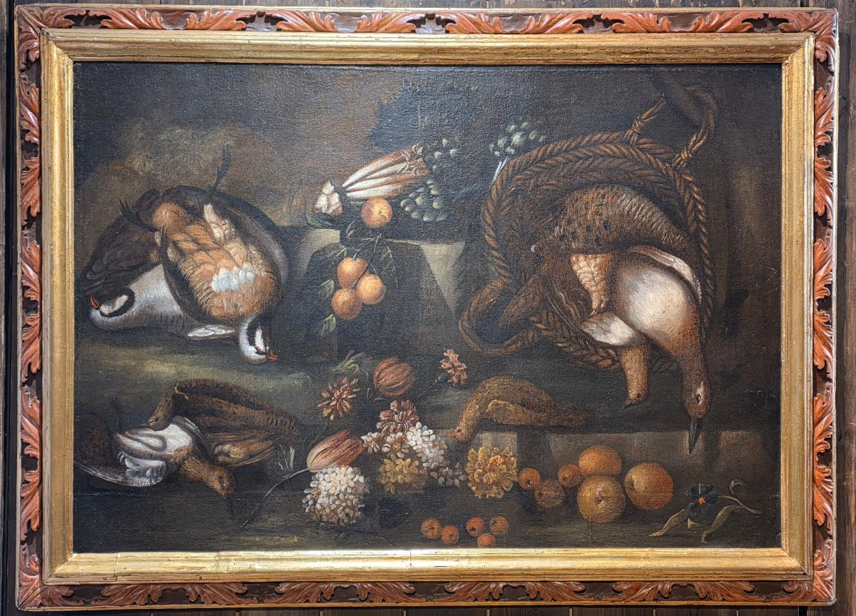 Coppia di grandi nature morte di caccia – Scuola emiliana del XVII secolo, olio su tela-photo-3