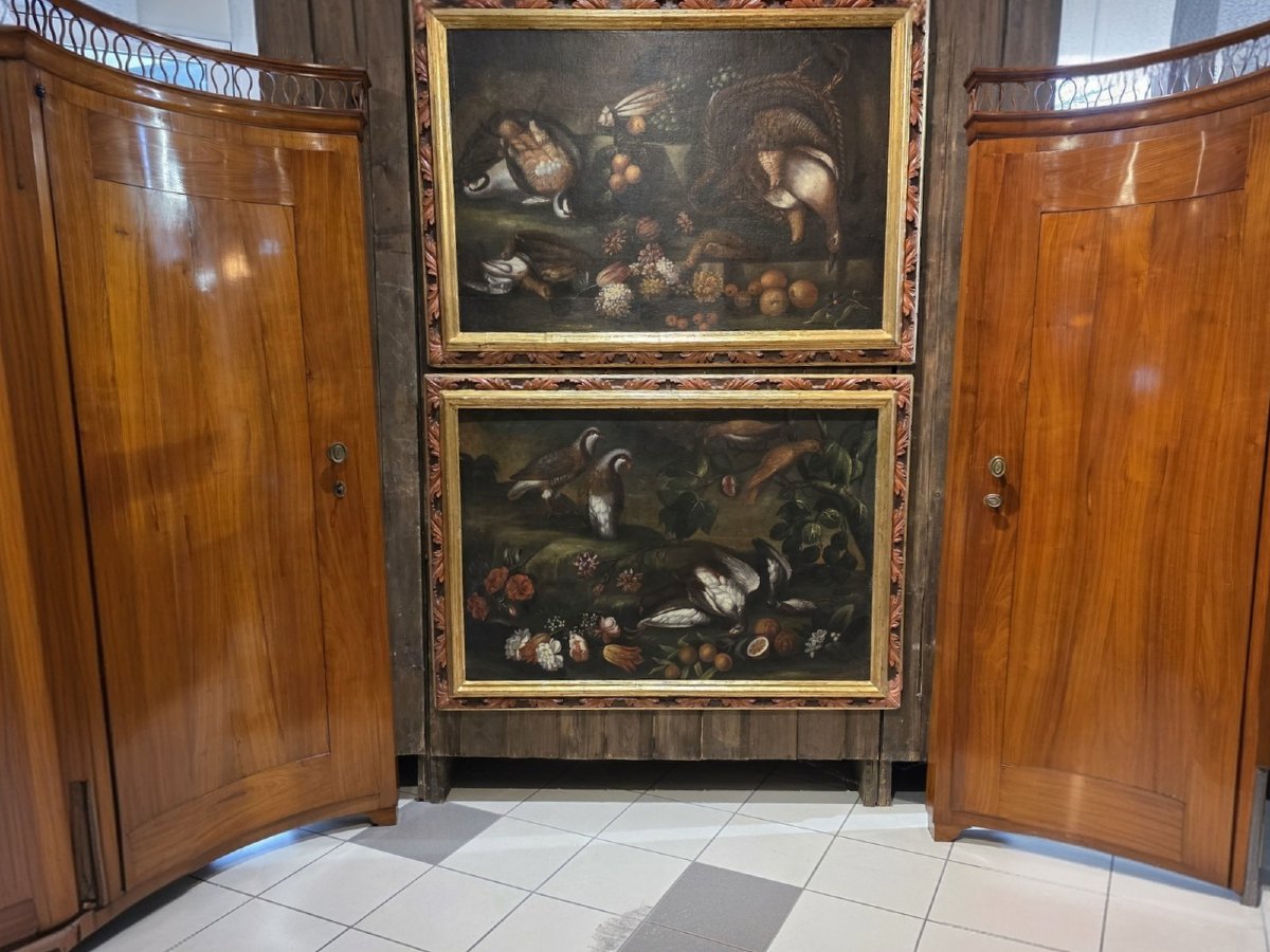 Coppia di grandi nature morte di caccia – Scuola emiliana del XVII secolo, olio su tela-photo-1