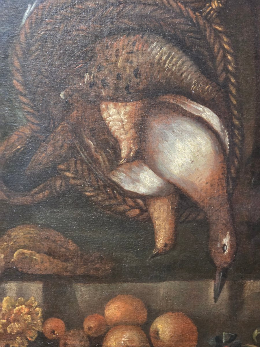 Coppia di grandi nature morte di caccia – Scuola emiliana del XVII secolo, olio su tela-photo-4