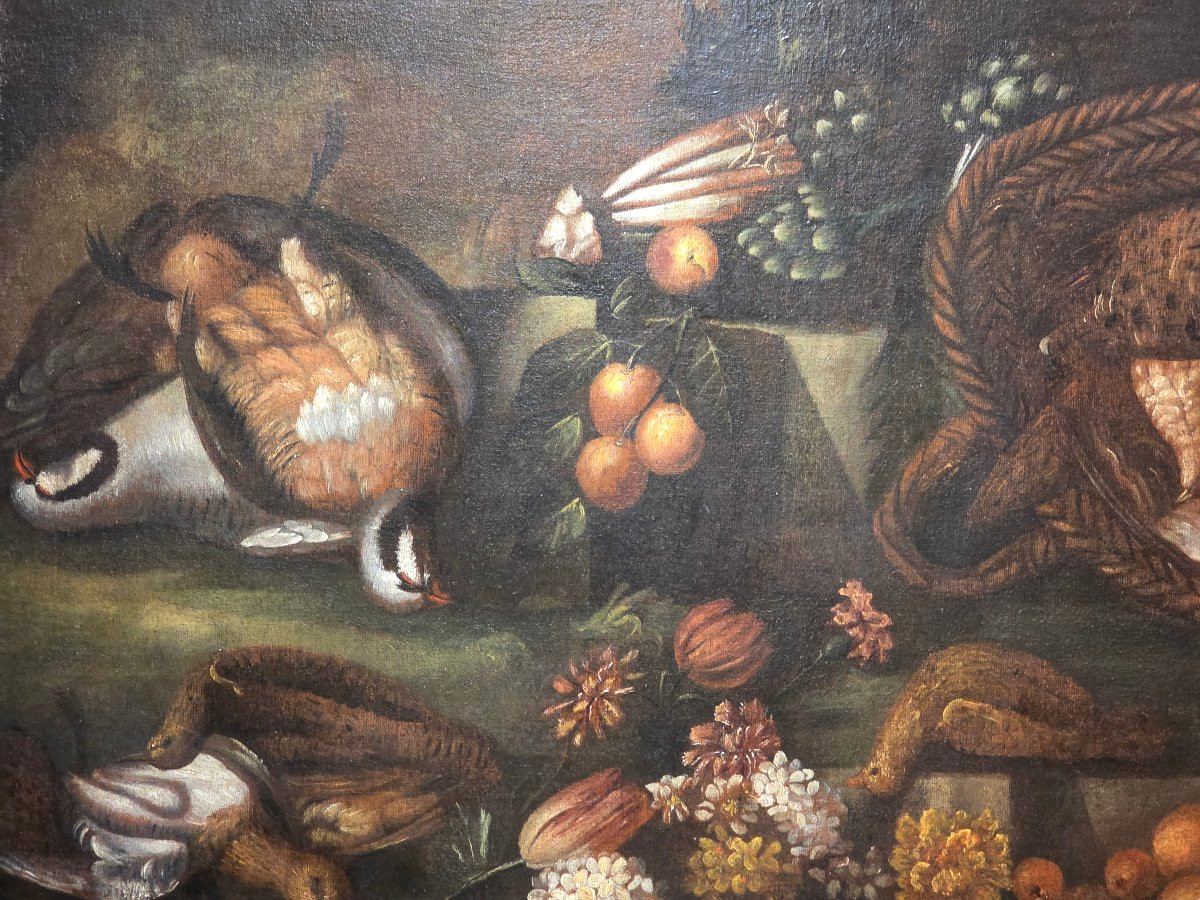 Coppia di grandi nature morte di caccia – Scuola emiliana del XVII secolo, olio su tela-photo-5