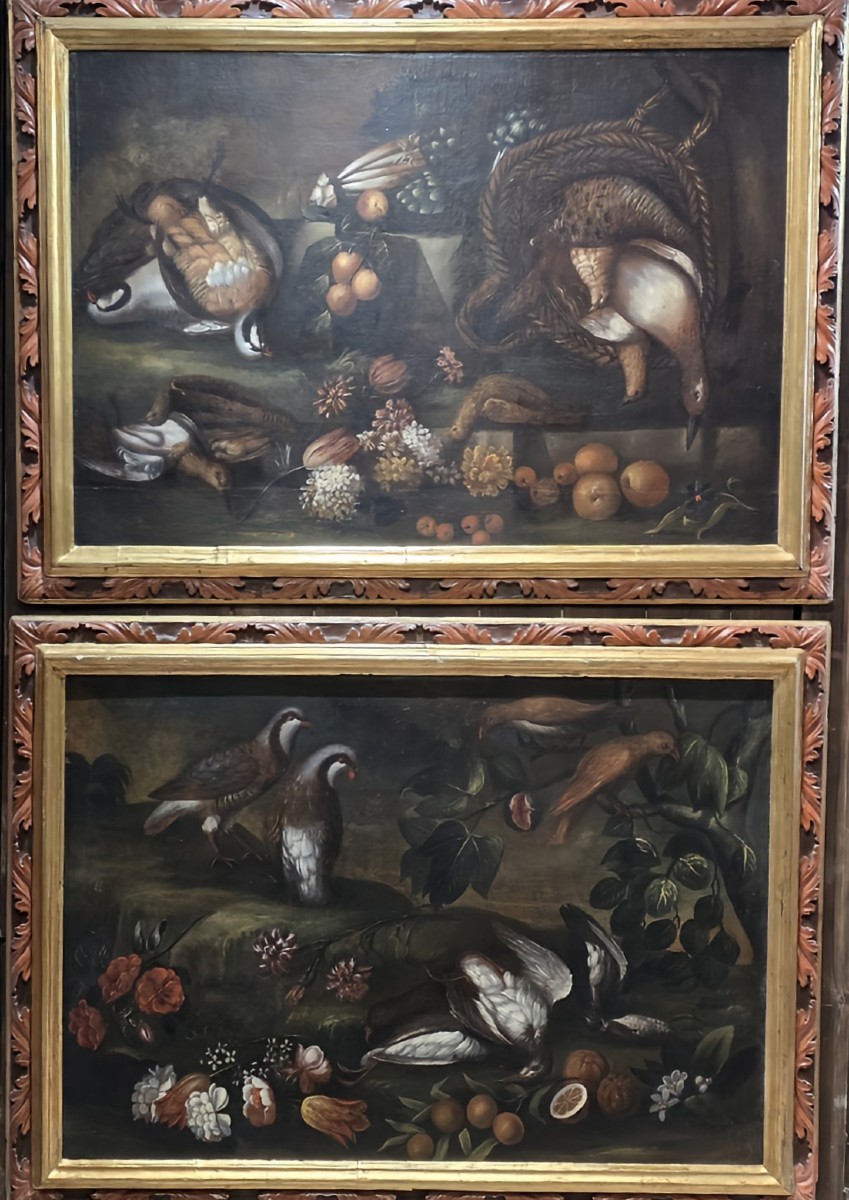 Coppia di grandi nature morte di caccia – Scuola emiliana del XVII secolo, olio su tela
