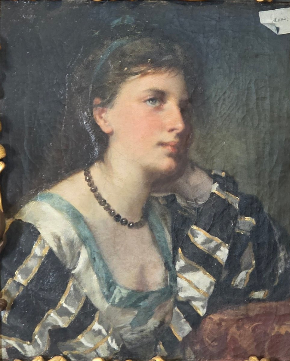 Ritratto di giovane donna con importante cornice lignea scolpita e dorata,XVIII secolo Antonio -photo-2